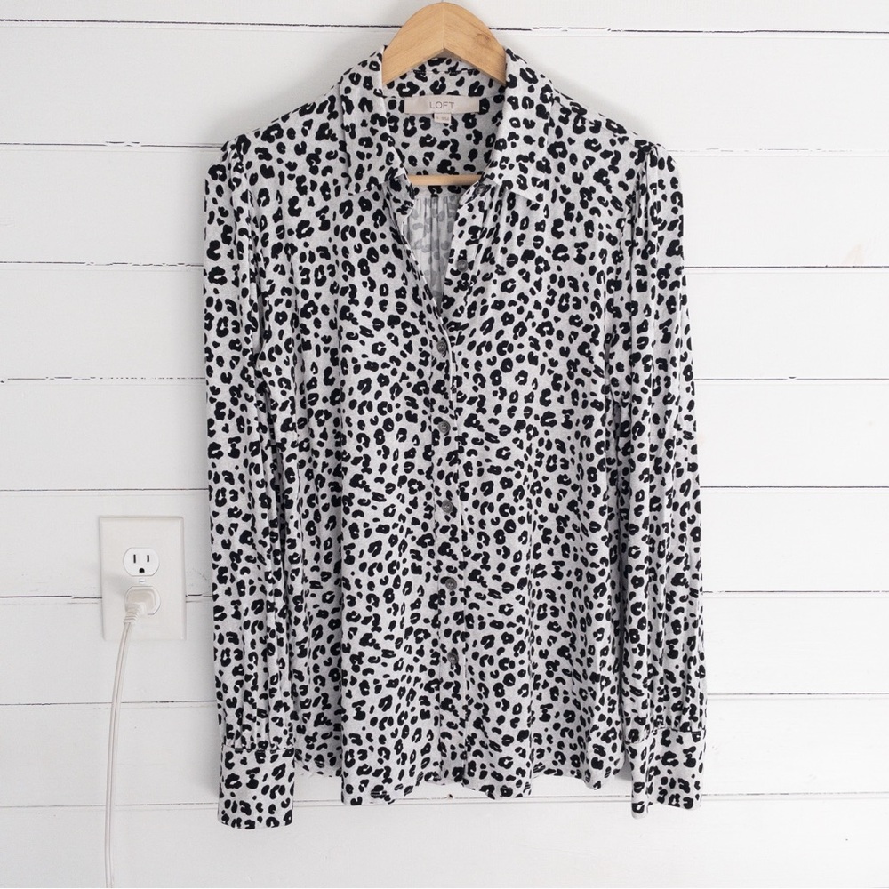 LOFT Black and White Leopard Print Button Down Shirt